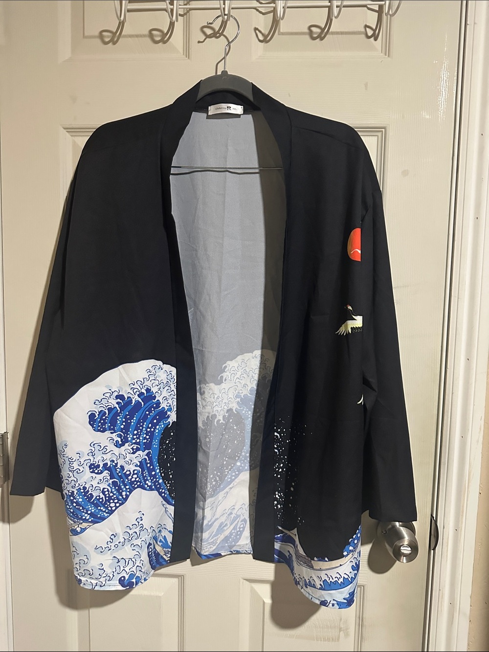 Unbranded Black Kimono Jacket with Blue Wave & Crane Print